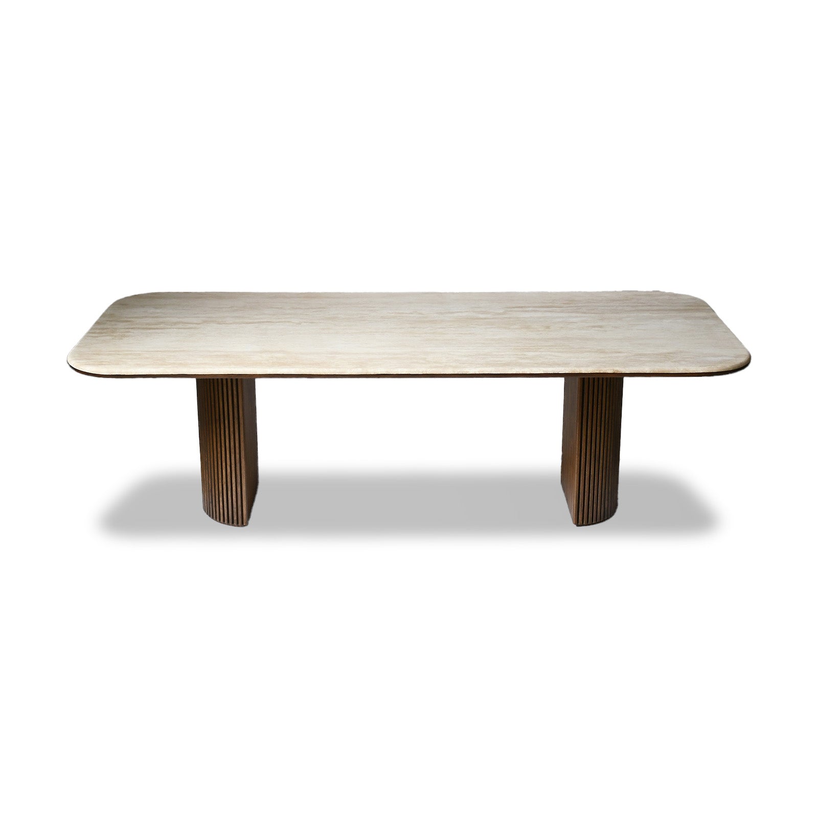 Trastella Dining Table – Genuine Travertine Top with Fluted Wood Base
