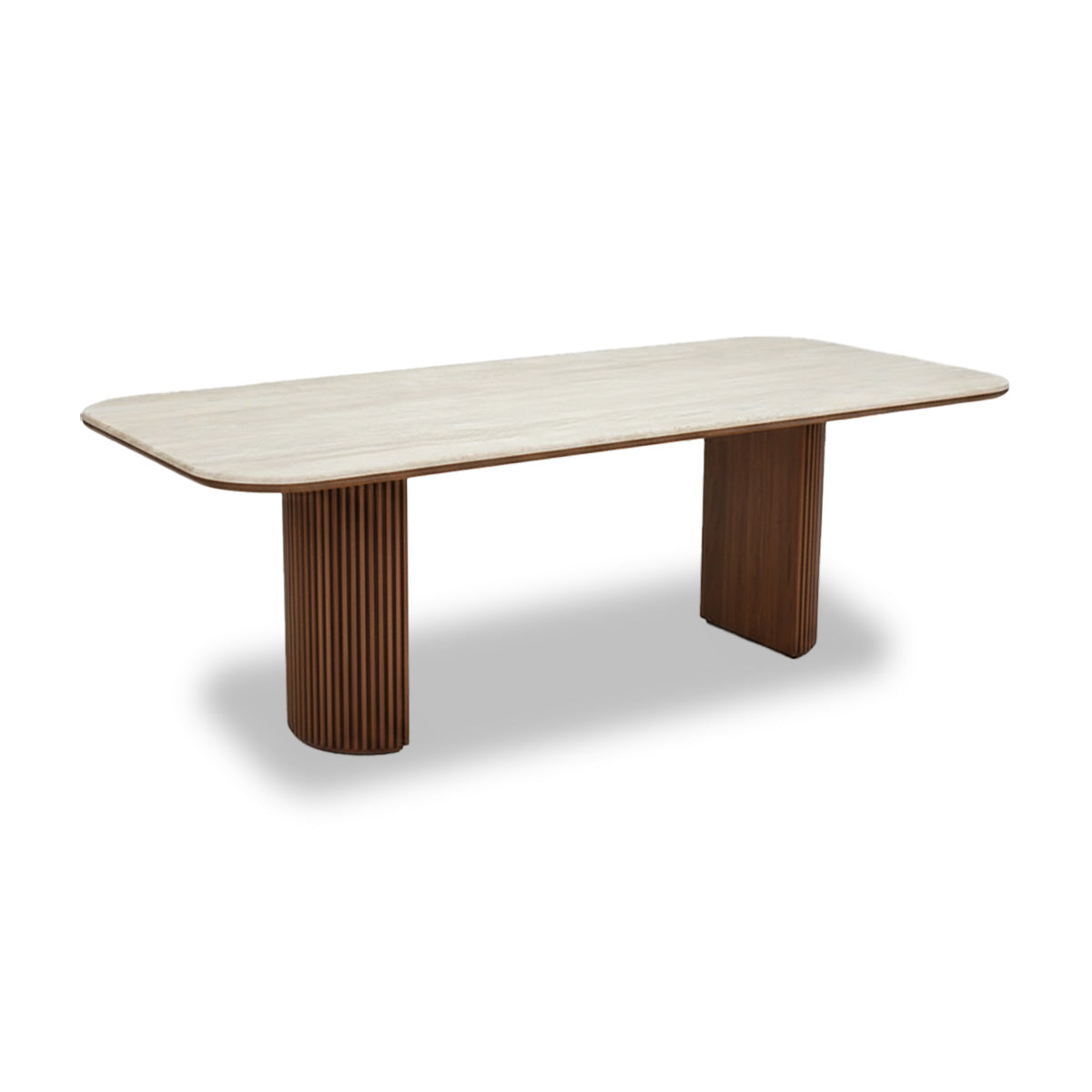 Wooden dining table with a light-colored top and dark brown legs on a white background