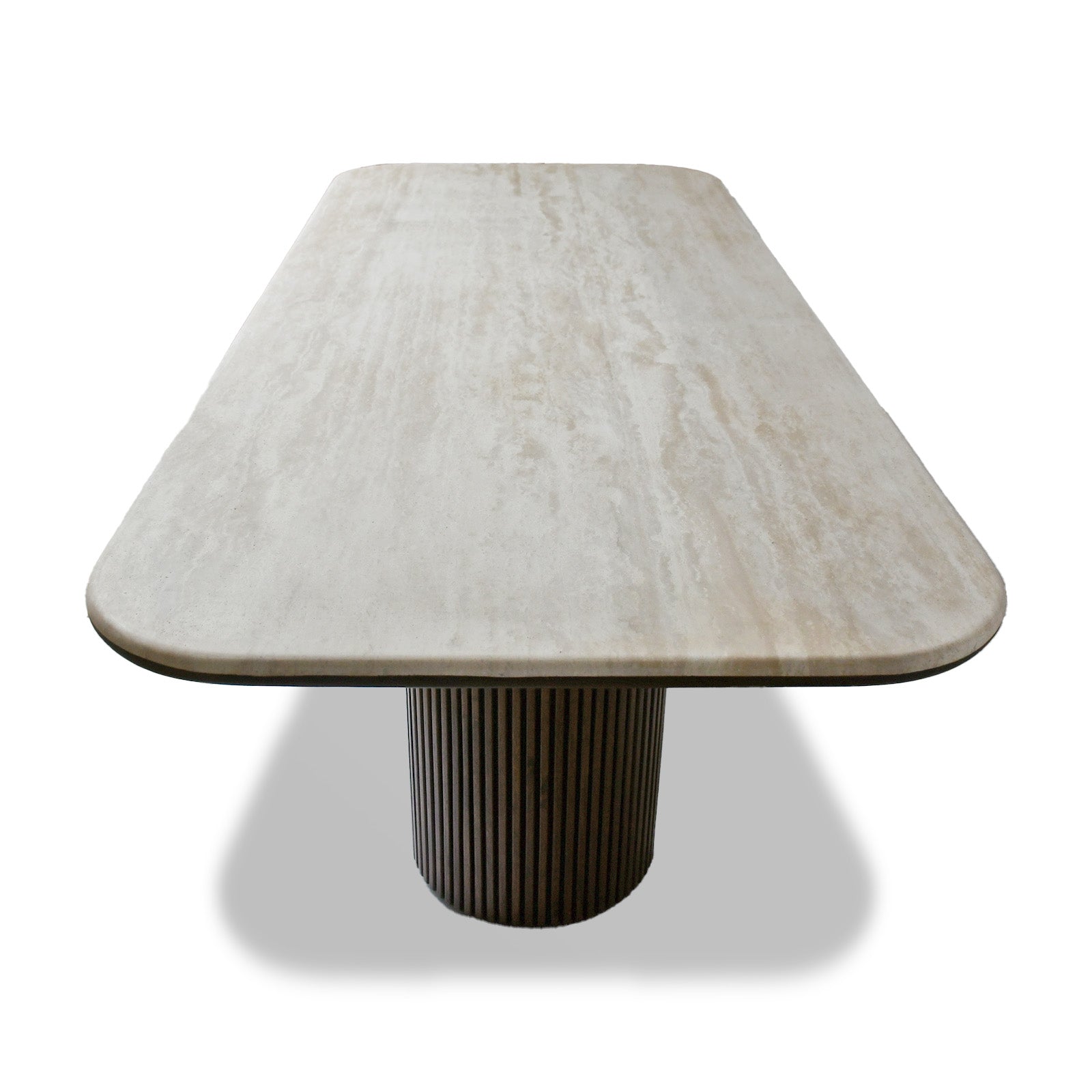 Trastella Dining Table – Genuine Travertine Top with Fluted Wood Base