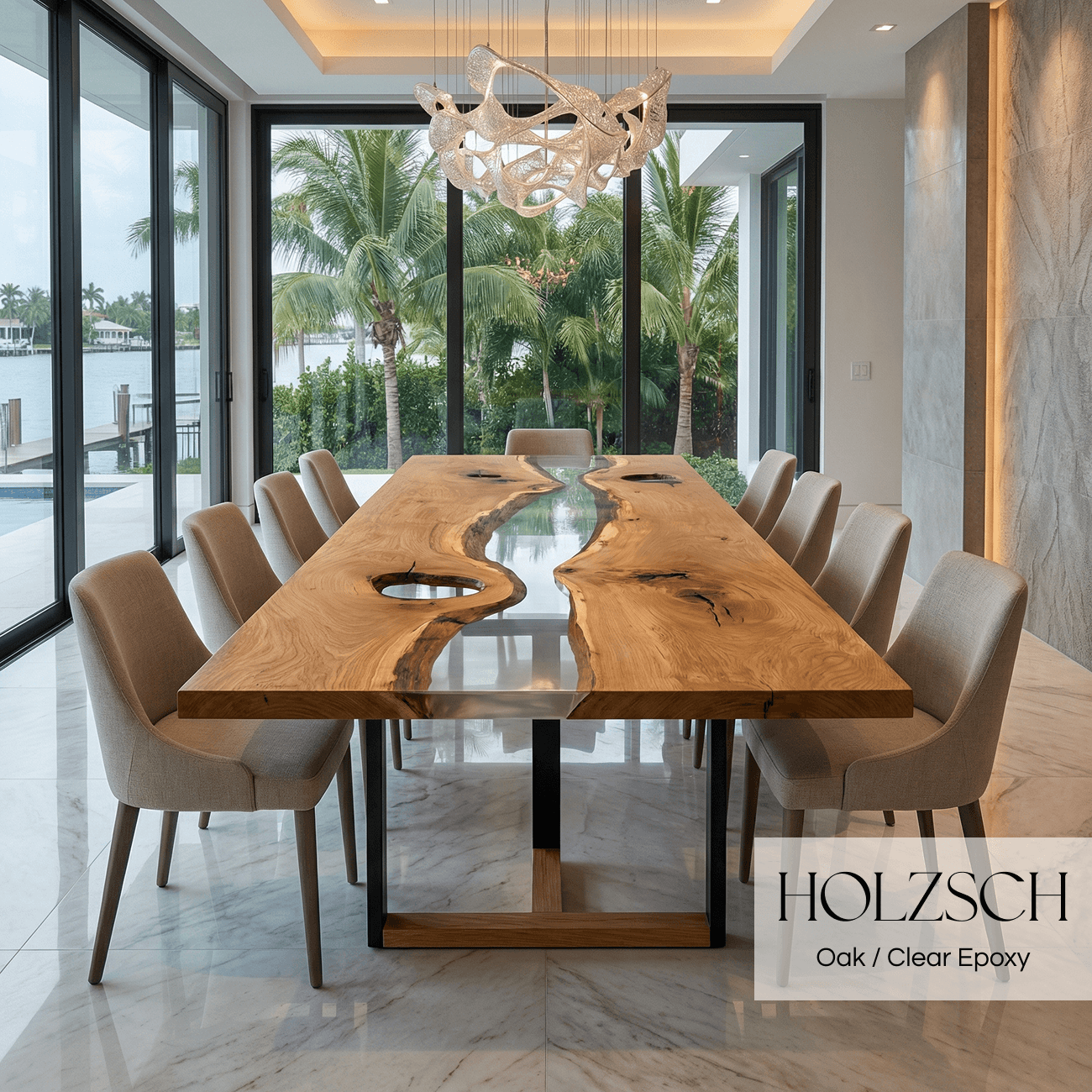 Modern dining room with a wooden table and chairs, featuring Holzsch furniture.