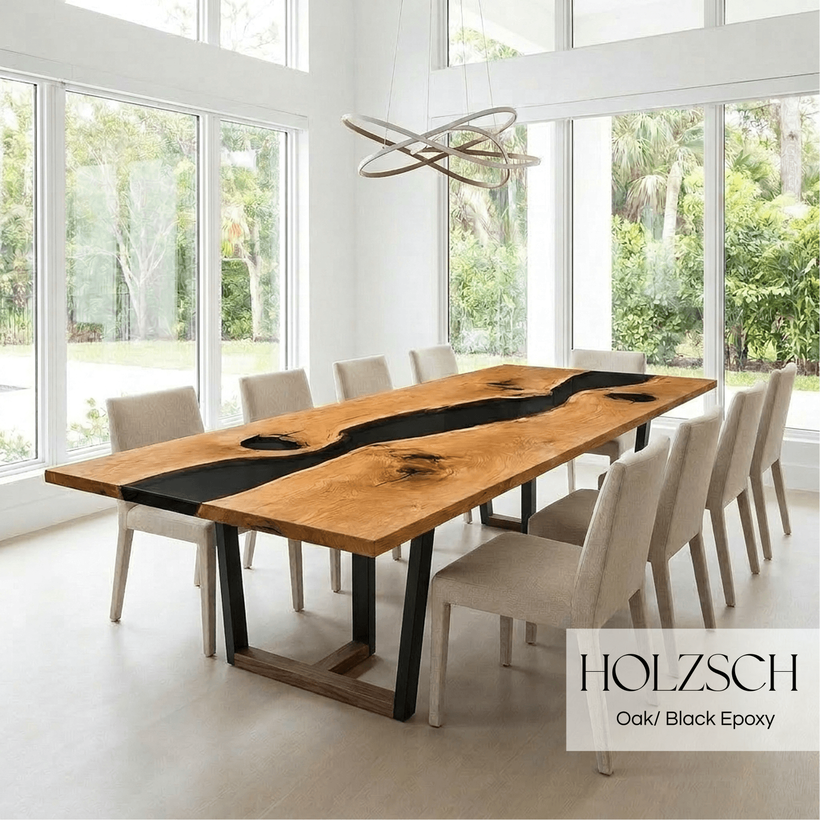 Modern dining room with a wooden table featuring black epoxy inlay, surrounded by chairs in a bright room with large windows.