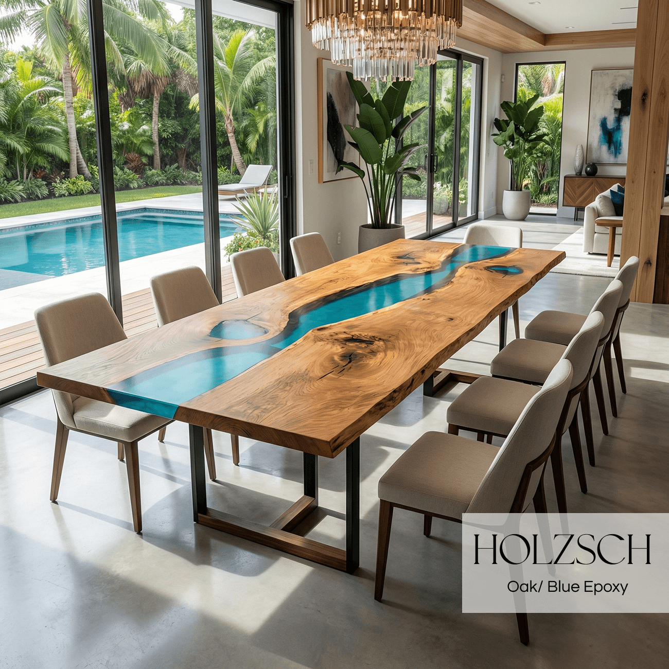 Dining room with a wooden table featuring a blue epoxy runner, surrounded by chairs, with a pool and garden view.
