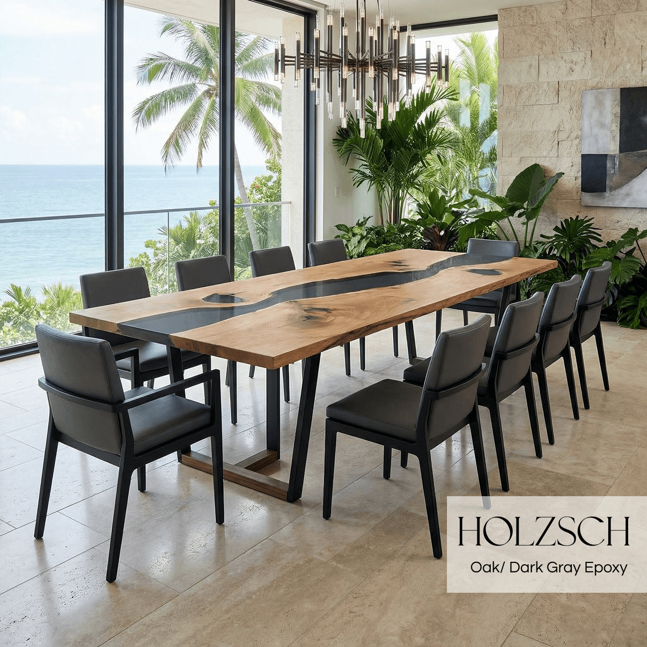 Modern dining room with a long wooden table and chairs, featuring the brand 'HOLZSCH'.