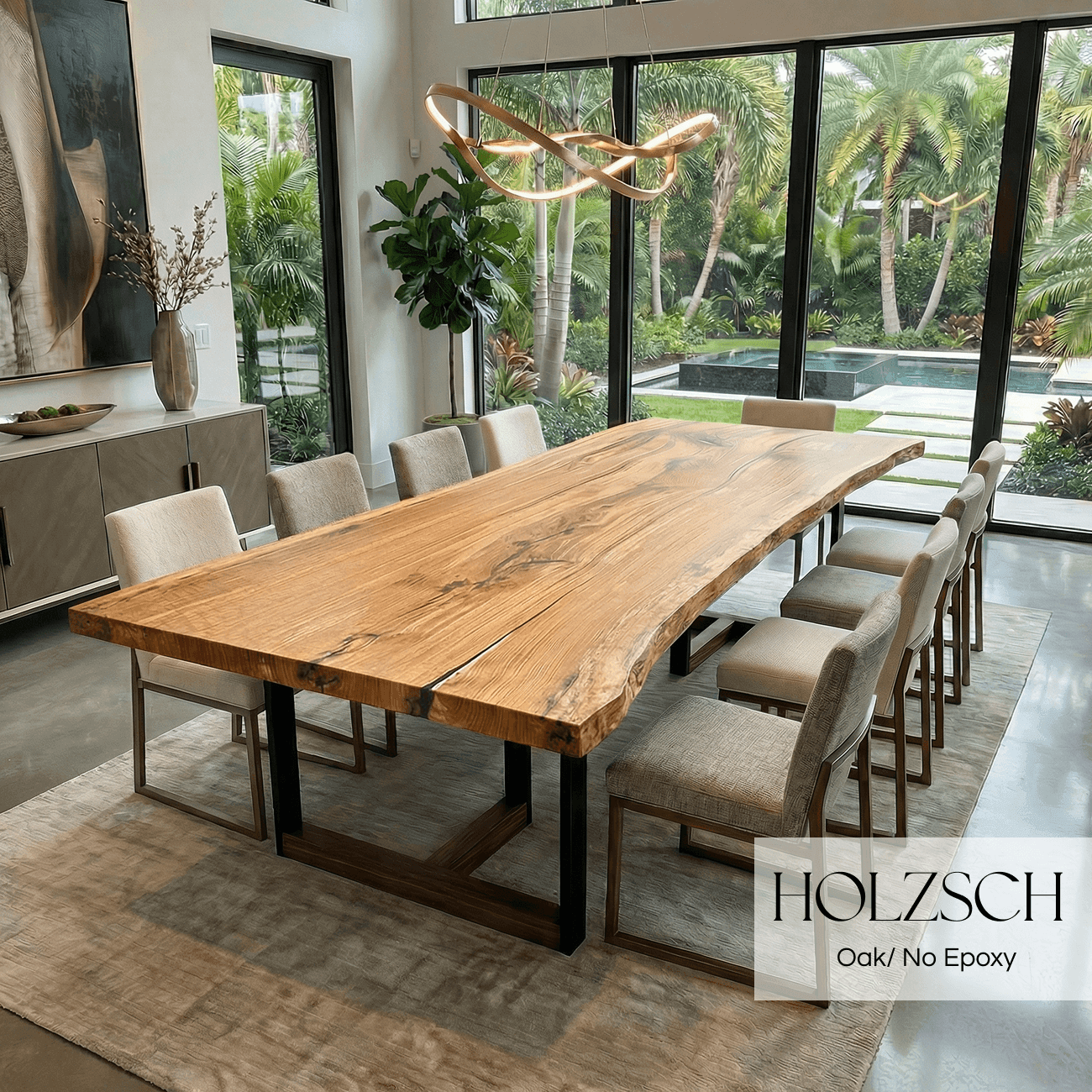 Dining room with a wooden table and chairs, featuring the brand 'HOLZSCH'.