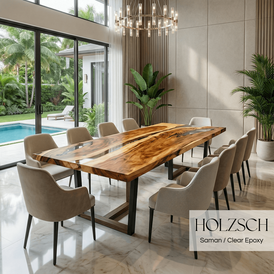Modern dining room with a wooden table and chairs, featuring HOLZSCH brand.
