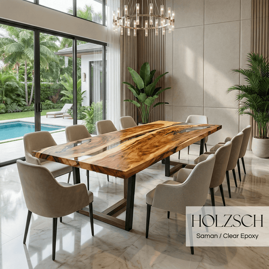 Modern dining room with a wooden table and chairs, featuring HOLZSCH brand.