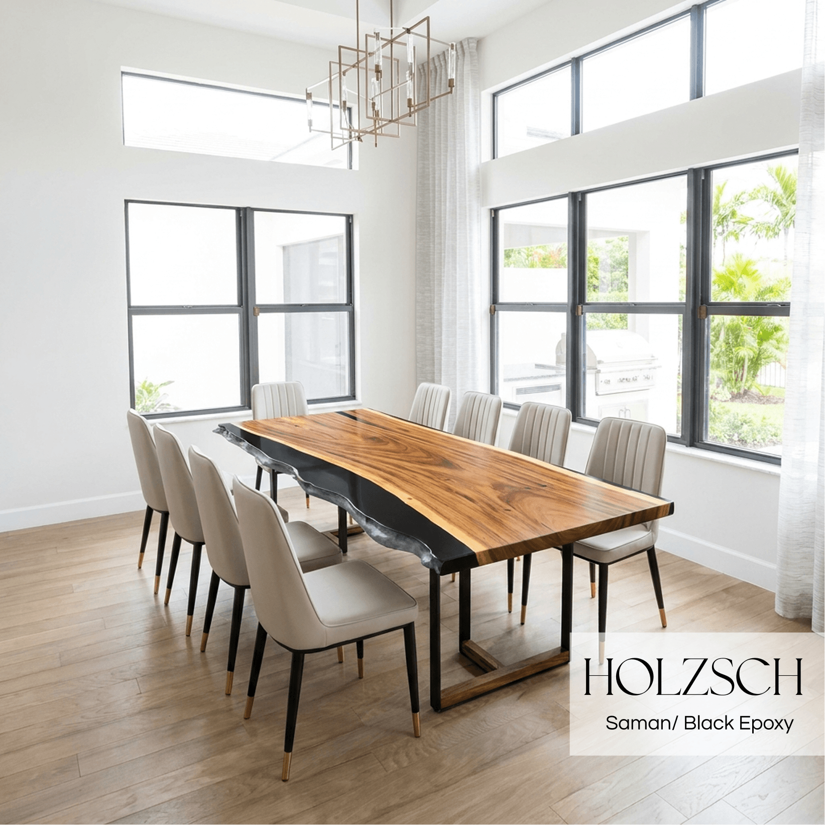 Dining room with a wooden table and chairs, featuring the brand 'HOLZSCH'.