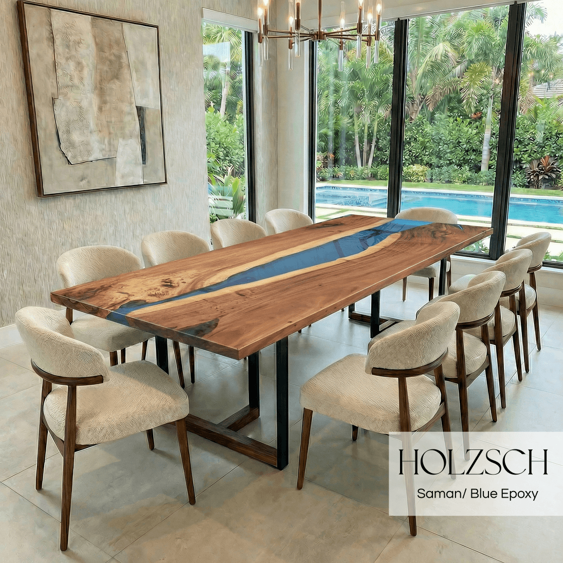 Dining room with a wooden table featuring blue epoxy inlay and matching chairs.