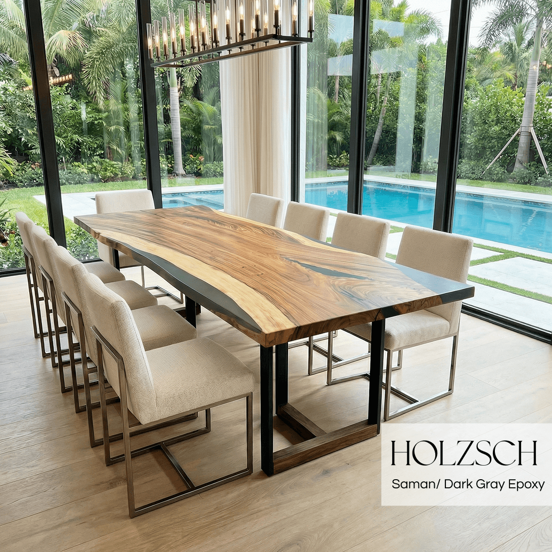 Dining table set with chairs in a modern interior setting with a pool view.