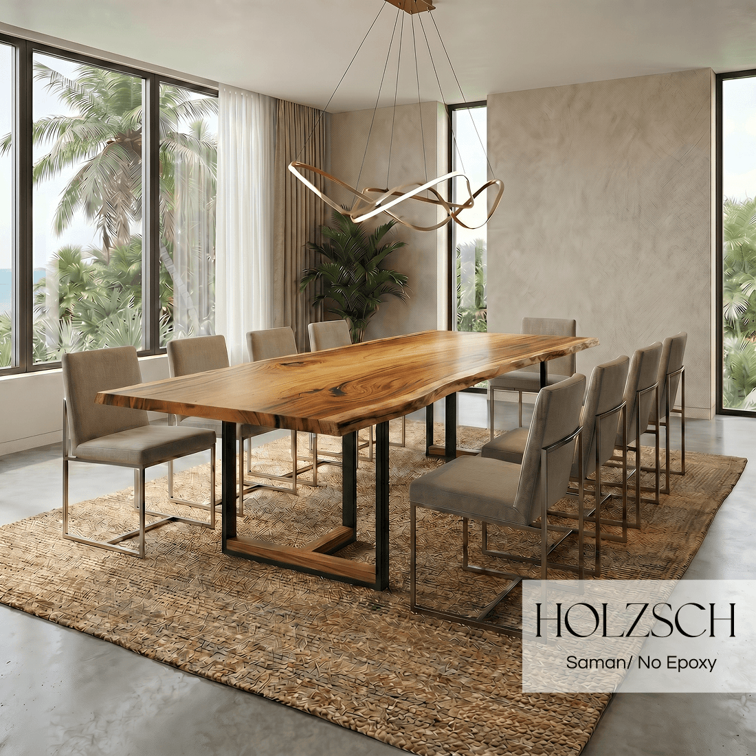 Modern dining room with wooden table and chairs, featuring HOLZSCH brand.
