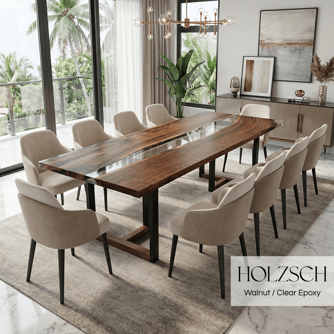 Dining room with a wooden table and chairs, featuring HOLZSCH brand.