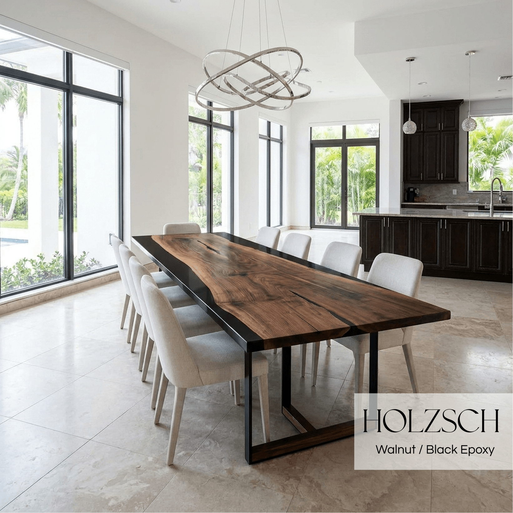 Modern dining room with a wooden table and chairs, featuring the brand 'HOLZSCH'.