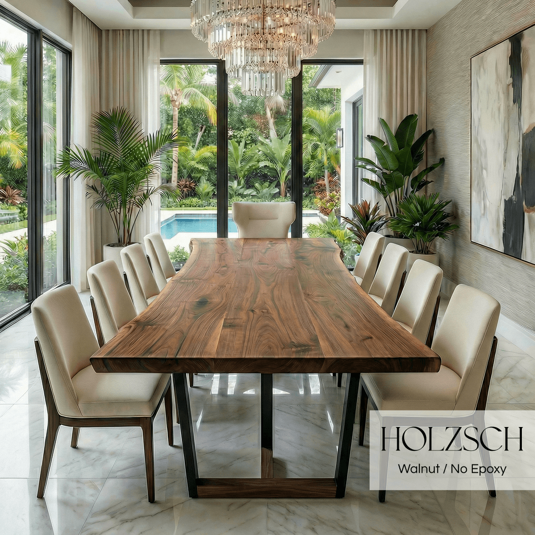Dining room with a wooden table and white chairs, featuring a pool and garden view.