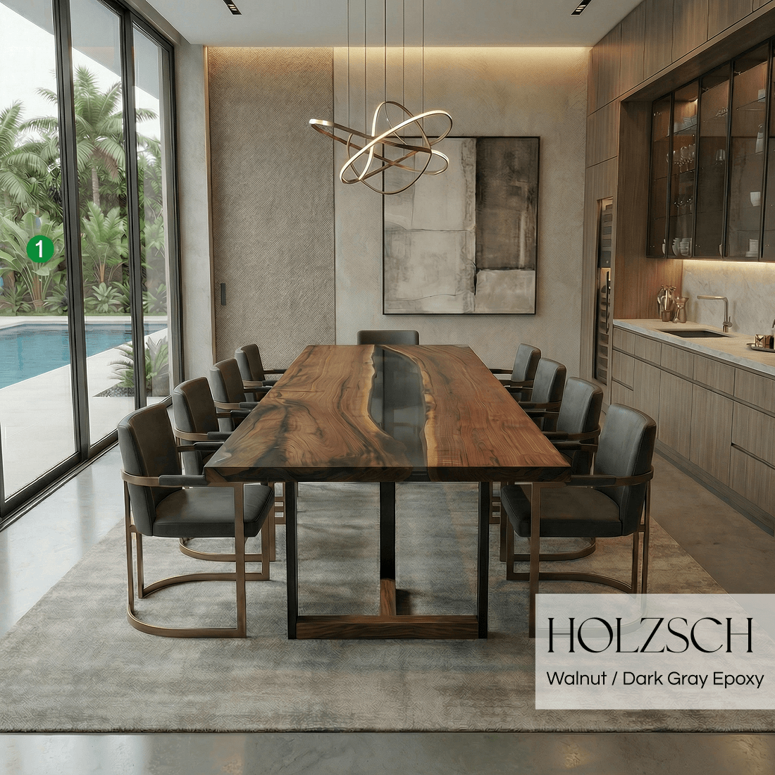 Modern dining room with a wooden table and chairs, featuring the brand 'HOLZSCH'.