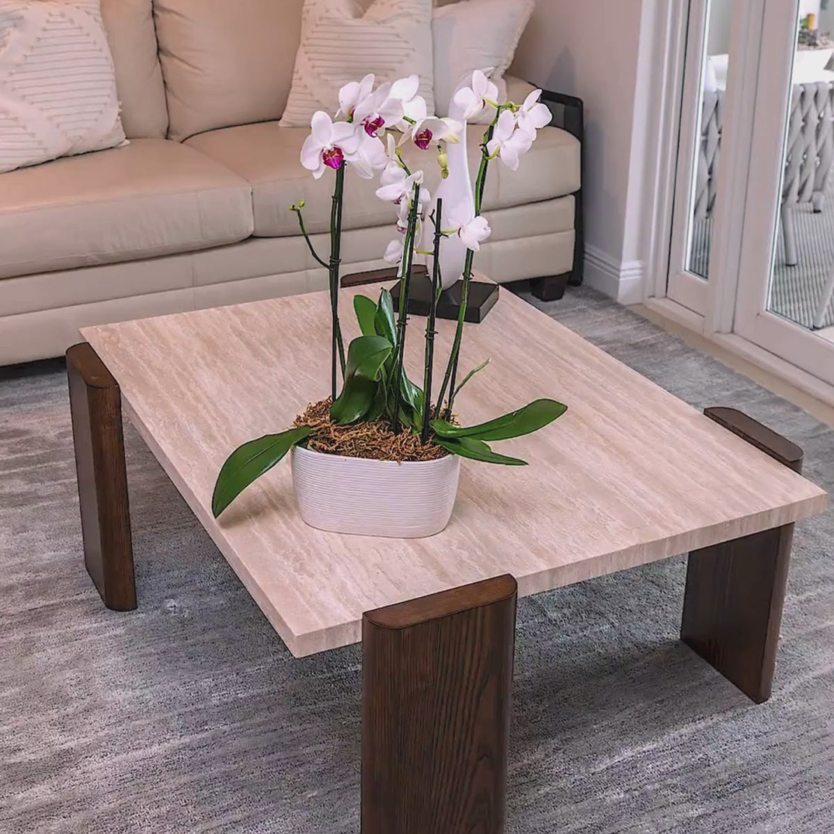 Travertine Coffee Table with Walnut Legs