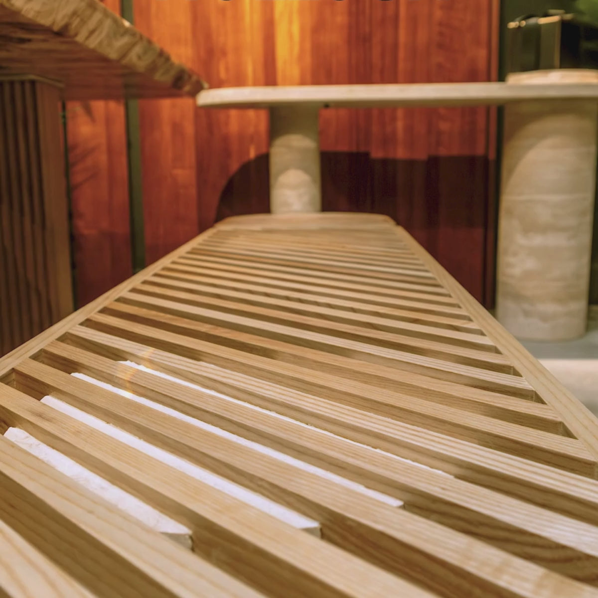 Trisotto Set of Two Wood-Top Benches with 3 Genuine Travertine Sections